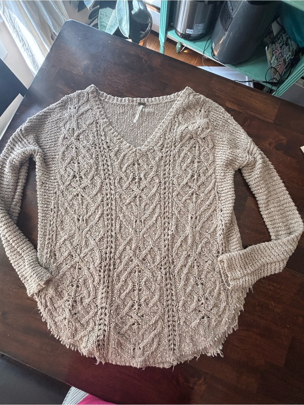 Free People Taupe Cable Knit V-Neck Sweater